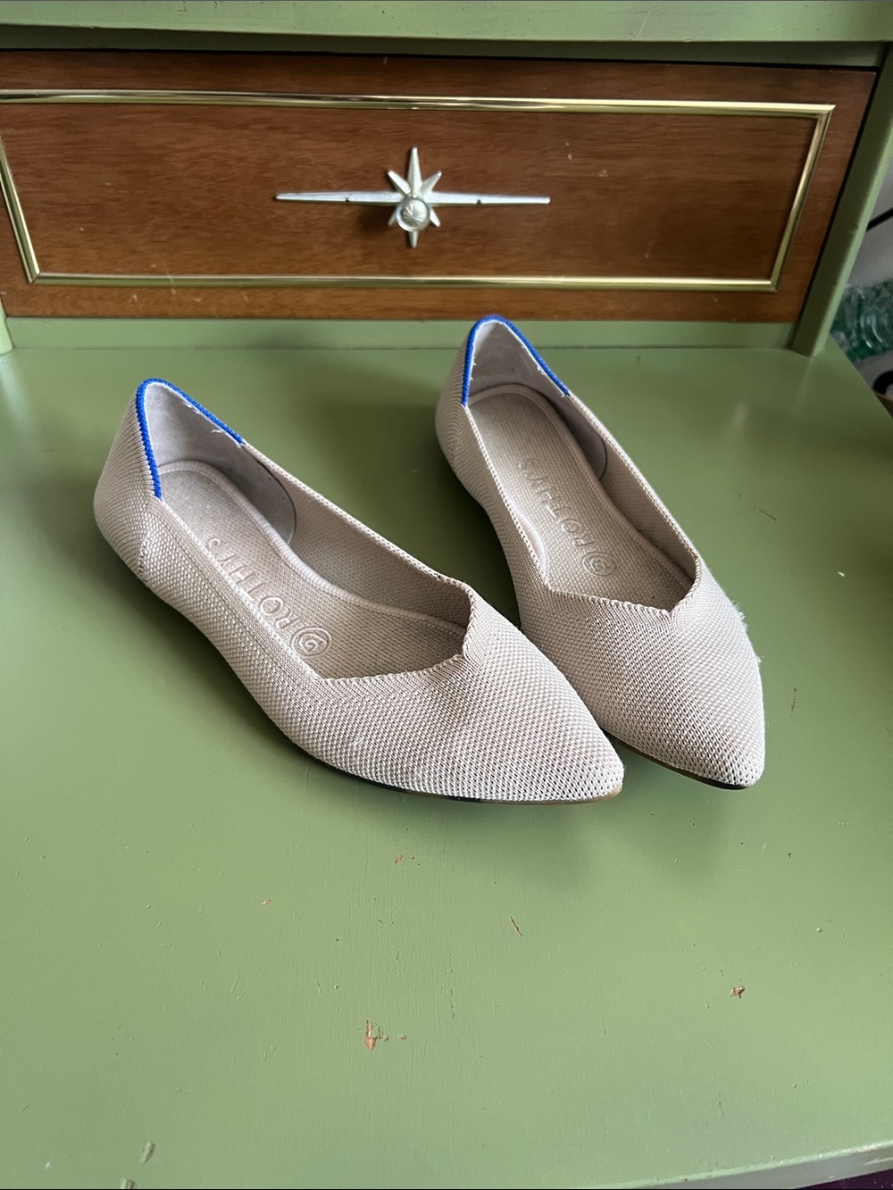 Rothy's Pointed Knit Flats in Beige with Blue Trim